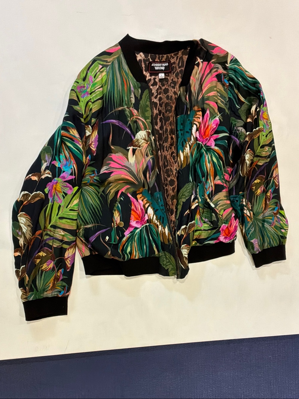 Johnny Was Black Tropical Floral Bomber Jacket with Pink & Green Accents